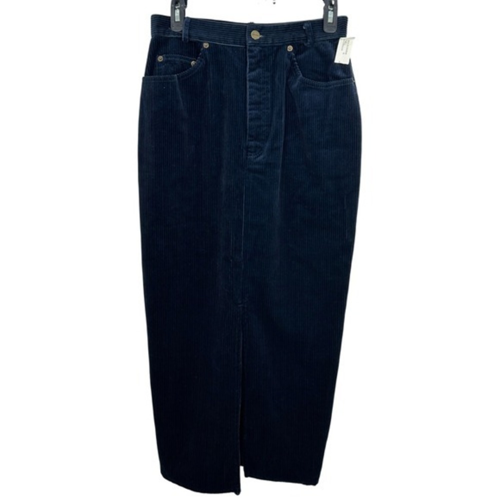 Vintage Karen Kane Navy Blue Corduroy Maxi Skirt Size 8 Front Slit 90s Momcore